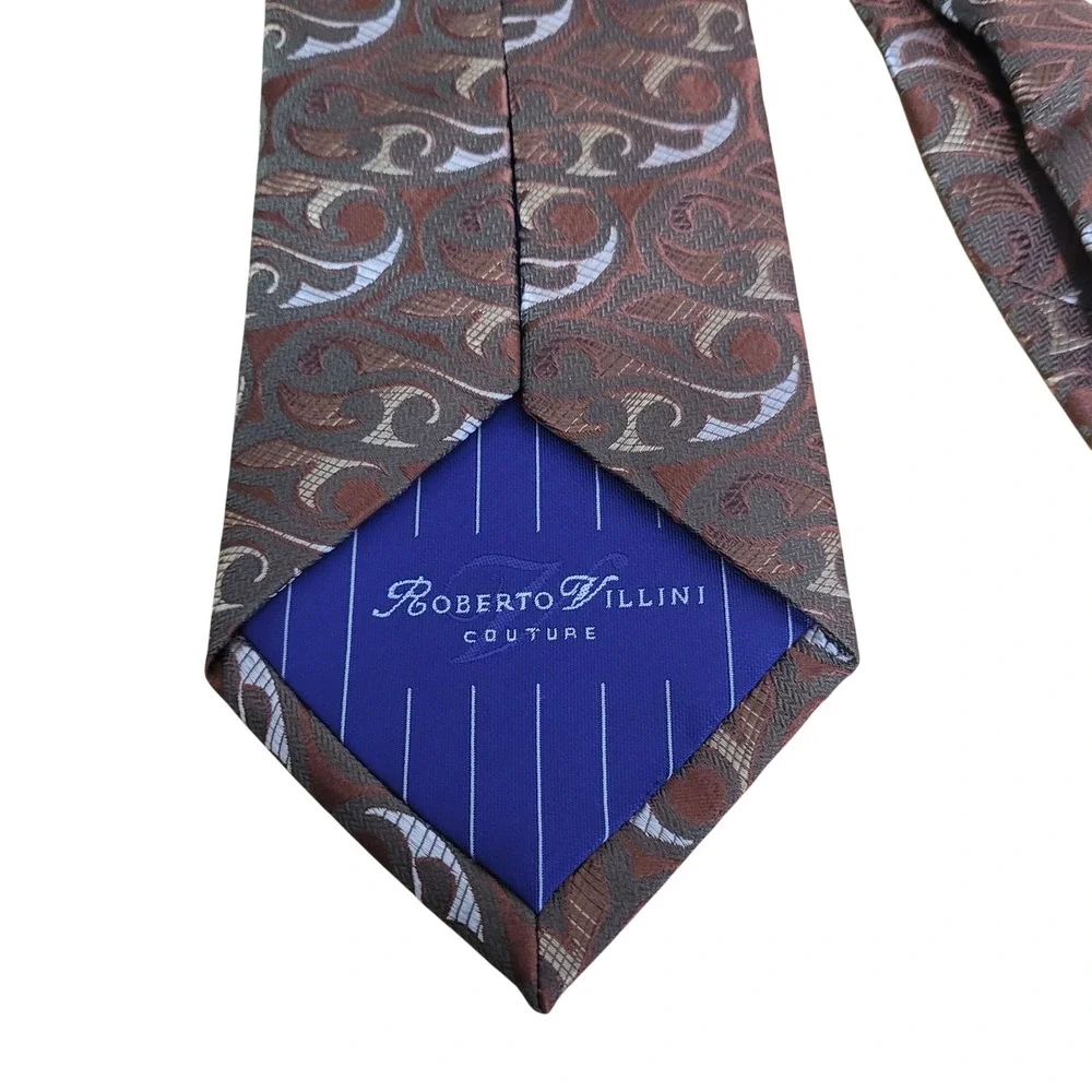 Roberto Villini Couture Mens Tie‎ Brown Silver Abstract Paisley Woven Silk Blend